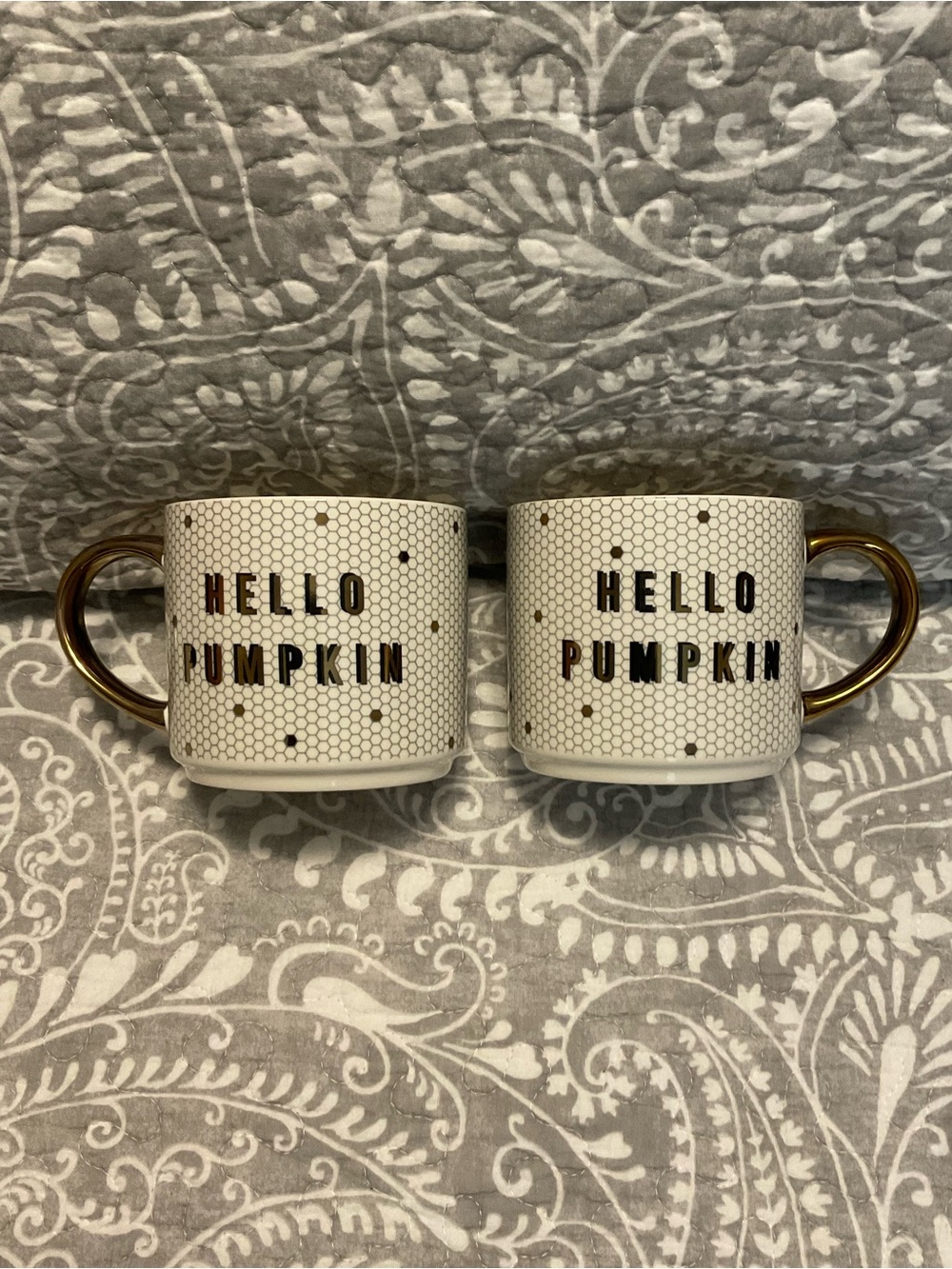 Pair of Hello Pumpkin Mugs - Honeycomb Tile Pattern w Metallic Accents